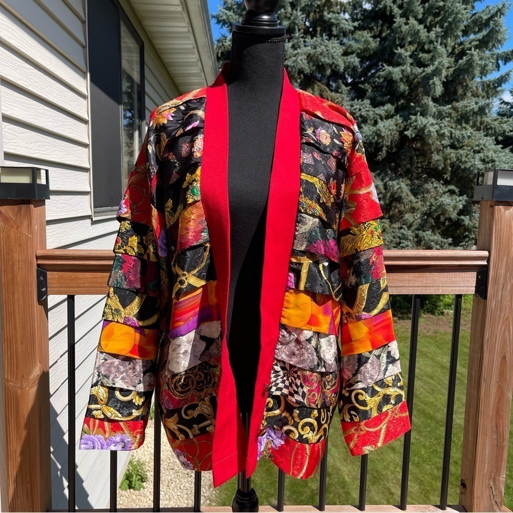 VTG 80s Delah McKay Sz 2 Mixed Fabric Open Front Cardigan One Of A Kind Rare